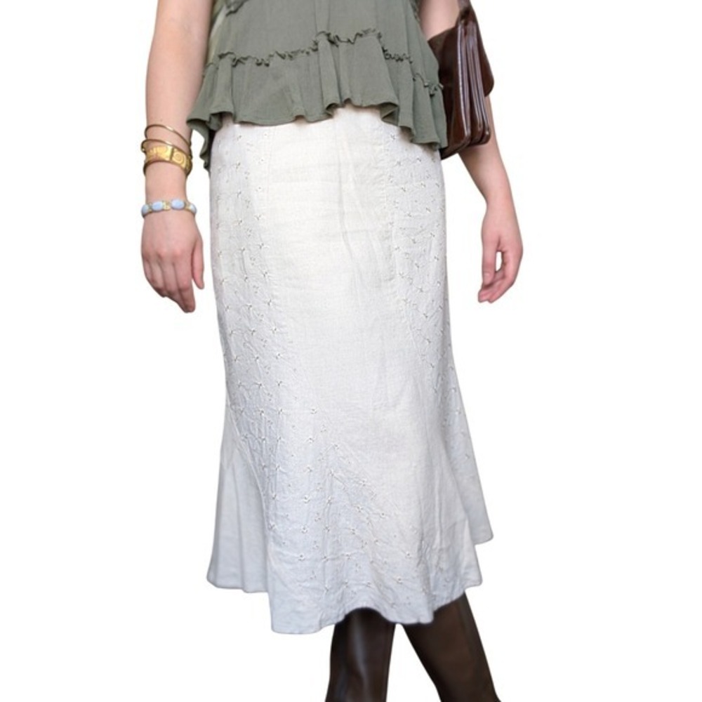 Vintage 90s Off White Romantic Boho Chic Eyelet Floral Linen Midi Skirt